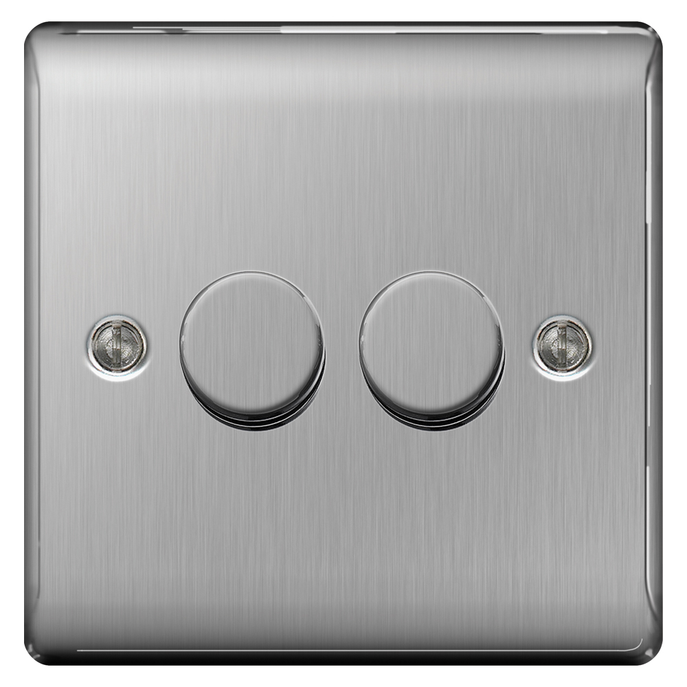 Image of Avenue Raised Push Dimmer Switch 2 Gang 400W 2 Way Brushed Steel