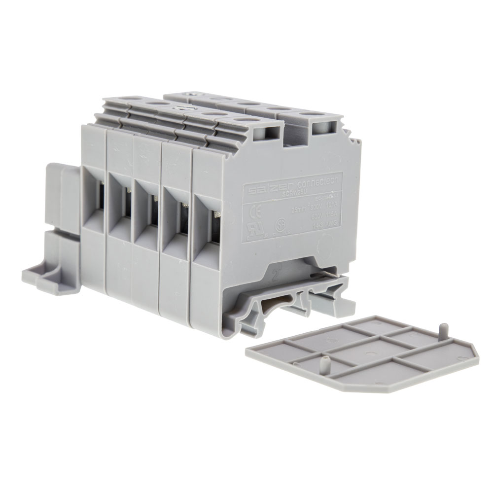 Image of Avenue Din Rail Terminal Kit 5x 25mm 110A Grey 1x Plate 2x End Stops