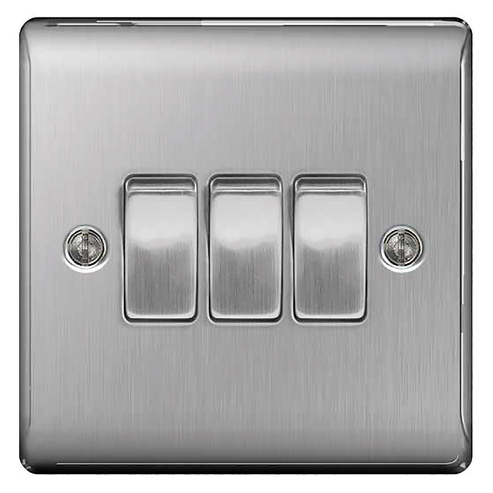 Image of Avenue Raised Light Switch 3 Gang 2 Way 10AX Inductive Brushed Steel