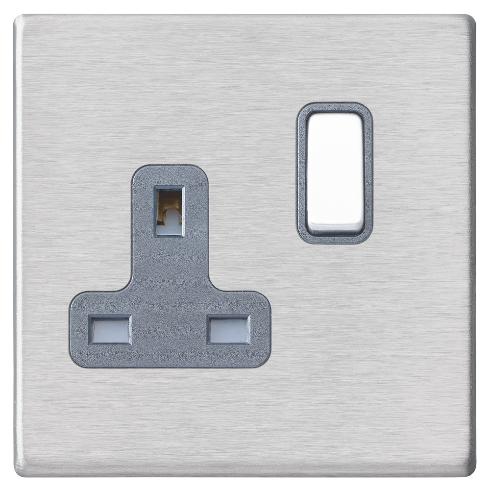 Image of Avenue Screwless Slim Switched Socket 1Gang 13A Double Pole Satin Steel Quartz Grey