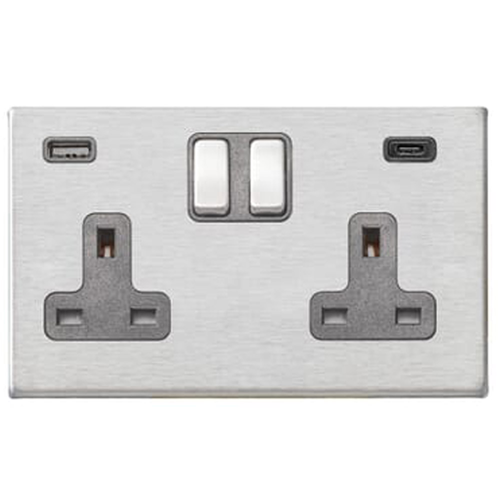 Image of Avenue Screwless Slim Type -C USB Socket 2 Gang 13A Switched DP Satin Steel Quartz Grey