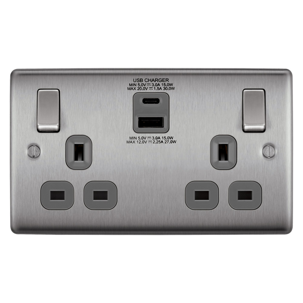 Image of Avenue Contour Type A and Type-C USB Charger Socket 2 Gang 13A SP Switched Brushed Steel Grey Inserts