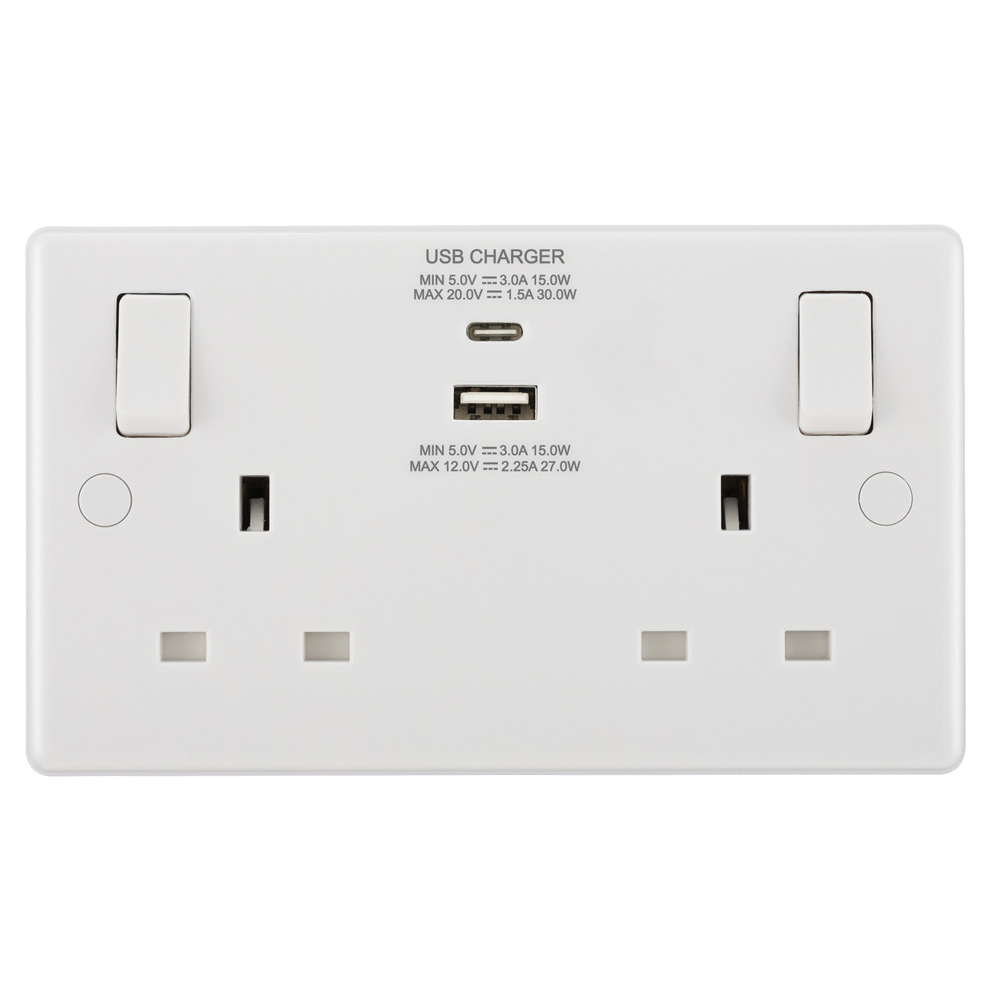 Image of Avenue Contour Type-A and Type-C USB Charger Socket 2 Gang 13A SP Switched White
