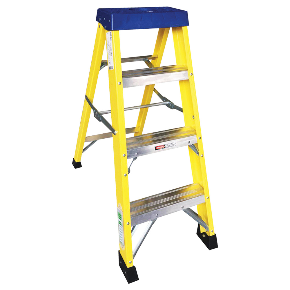 Image of Avenue Fibreglass Ladder 4 Tread Swingback Lightweight Yellow