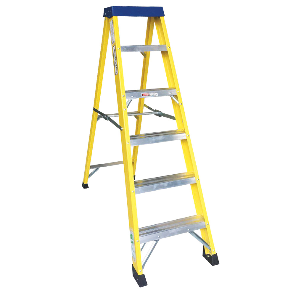 Image of Avenue Fibreglass Ladder 6 Tread Swingback Lightweight Yellow