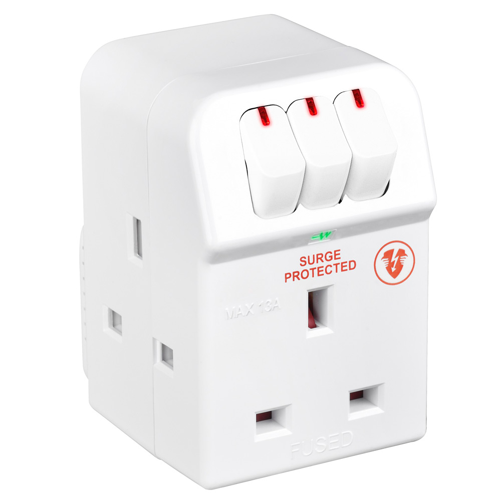 Image of Masterplug 3 Gang 13A Switched Socket Adaptor with Surge Protection