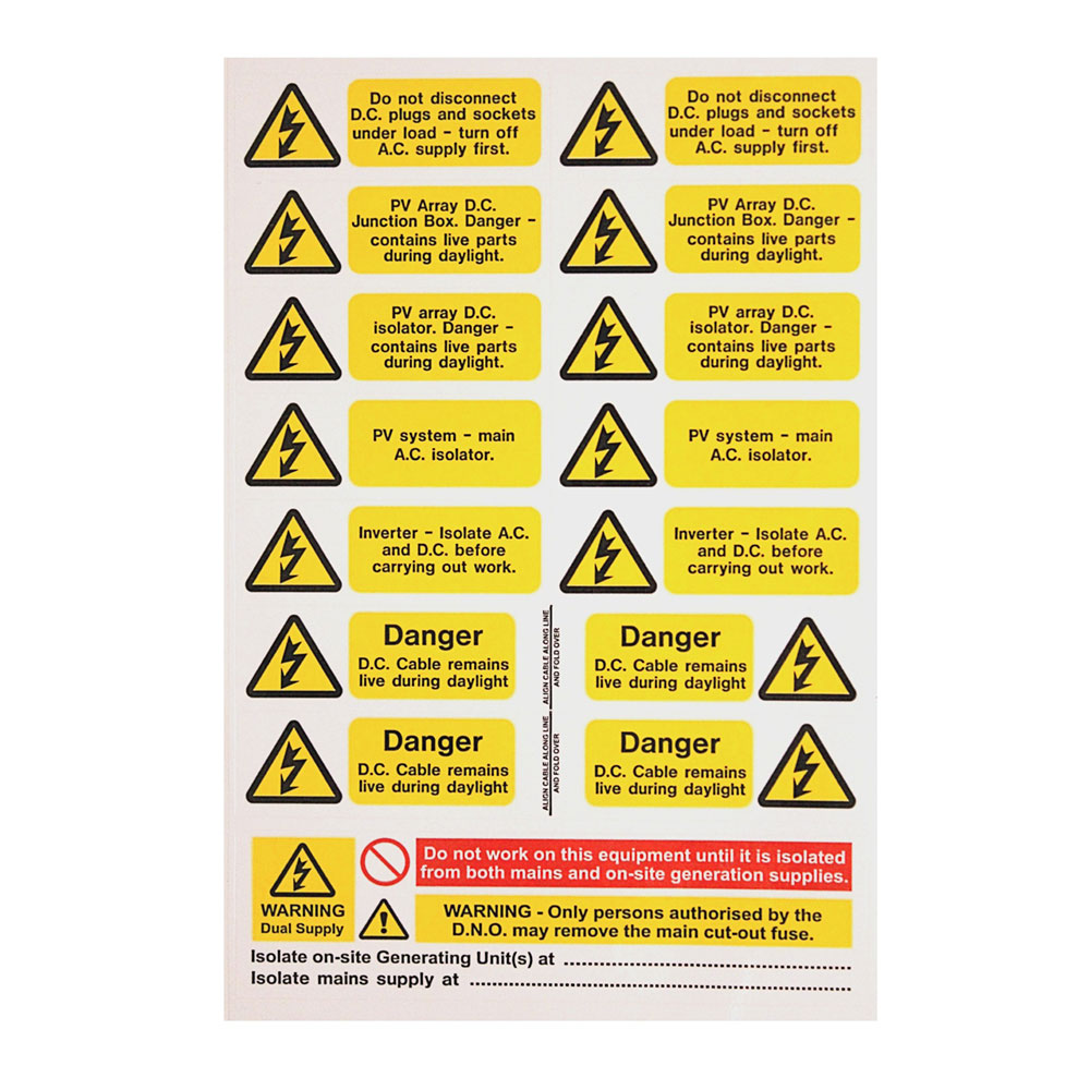 Image of Danger PV Array Solar Labels Set Self Adhesive Labels Pack of 5 Sheets
