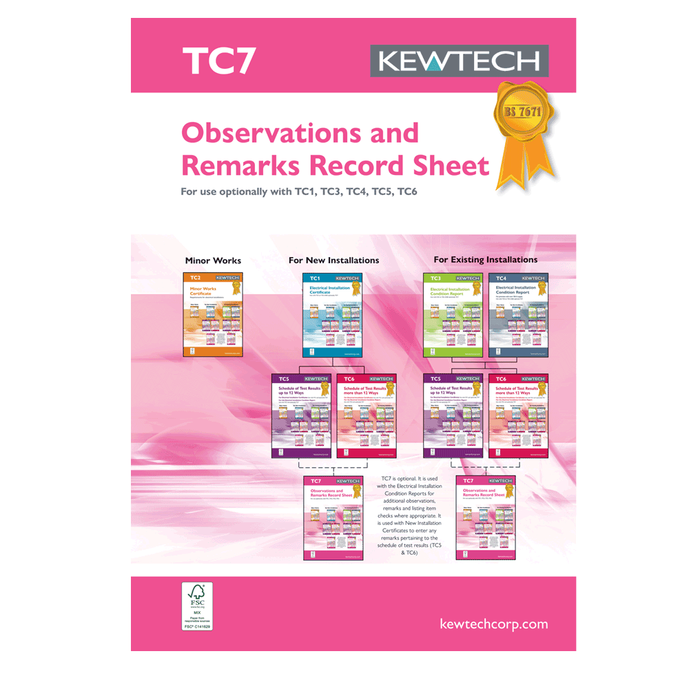 Image of Kewtech TC7 Test Certificate Observation Record Book of 40