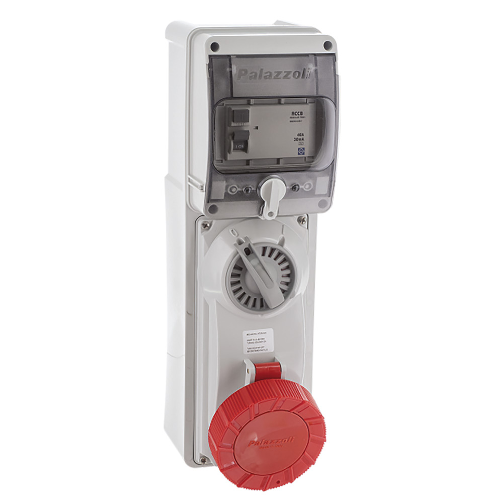 Image of Lewden 32A 400V Red Switched Socket and RCD 3 Pin + Neutral + Earth Weatherproof IP66